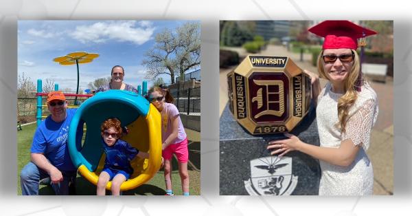 The Franklin family at a playground, and Dee List wearing a graduation cap