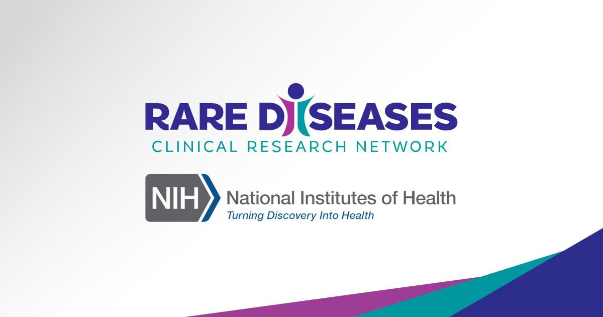 The Rare Diseases Clinical Network and NIH logos appear over a geometric design featuring fuchsia, teal, and purple triangles.